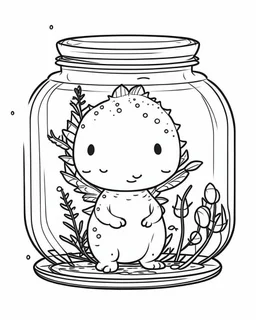 cute axolotl life in jar minimalistic, line art, background, vector, svg, coloring book page style, black outline on white background