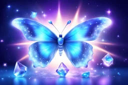 a little cosmic lightblue bright butterfly is flying over a magic crystal