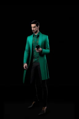 Modern guy, 20s, "holding ipad in left hand", looks like a renaissance painting, walking forward, full body, "persian green coat", blue pants, "right hand in to the ground". "Front facing" "forward view" black background