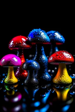 Diseased colourful mushrooms and fungi growing from black oil with a black background in the multiverse