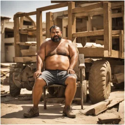 photography of a arab ugly burly serious wet sweaty, muscular chubby strong fat carpenter, shirtless, in broken dirty short pants, bulge, manly chest, very hairy, allover big goatee 46 years old, short hair, sitting with open legs on a little chair , on a construction site in the middle of a road, under the August sun, emotional eyes, , hyper-realistic, photorealistic , frontal view from the ground