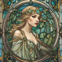 stained glass motif by Alfons Mucha, art by Patrick Woodroffe in the style of Salvador Dali, Lady Gaga as an elf princess in an elven kingdom, HD 4K ultra high resolution, photo-real accurate