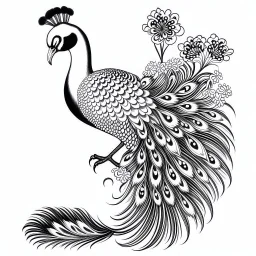 white, A peacock have a two foot white flower decoration, line art, white background, outline, with images neatly contained within the background, just black and white color, full body, no color. Looking front , front view, 8k