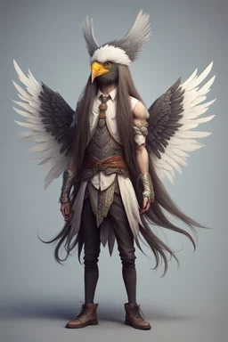 human with a bird head character with long hair, strong wings and bow