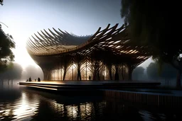 futuristic Iranian theatre with parametric wooden outer skin, vernacular architecture, in the marsh, Water lily, wooden structure, sloped roof, wealth of flora, with dancing performance, fog and rain, light ray