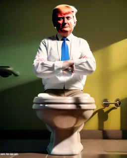 Donald Trump sitting in toilet scene, pants down, realistic image, hooper style, concept art, smooth, unreal engine 5, god lights, ray tracing, RTX, lumen lighting, ultra detail, volumetric lighting, 3d.