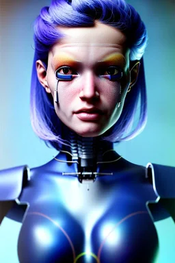 hiper realista, hiper detalhado, retrato de corpo inteiro, no estilo cyberpunk, de uma mulher incrivelmente bonita com implantes biônicos, cabelos azuis, olhos brilhantes, arte de greg rutkowski, artgerm, wlop, rossdraws, boris vallejo