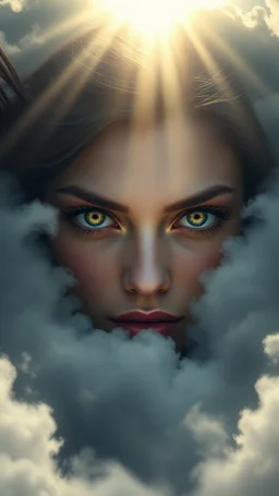 A beautiful eyes of a woman’s glowing flying above swirling clouds, emerges from the heart of a raging storm. Turbulent winds of steam swirl around the sun lit by shafts of sunlight that cast dramatic shadows on the A beautiful woman eyes High quality 16k cinematic scene and great photography