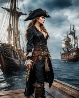 A length image fullbody photography realistic natural beauty color beautiful russia super model woman in a luxury black jack Sparrow pirates uniform,sweet pose,sail ship pirate background