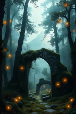 A captivating fantasy cover depicting an ancient, misty forest with towering trees and glowing, ethereal lights floating through the air. In the foreground, a mysterious, weathered stone archway stands, partially covered with vines and moss. Beyond the arch, a distant mountain range can be seen, shrouded in mist and glowing with faint, mystical light. The scene should evoke a sense of adventure and discovery, with an aura of ancient magic and secrets waiting to be uncovered. The color palette sh