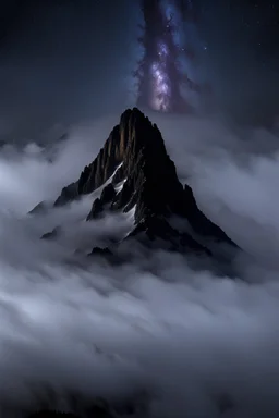 one single mountain sharp face rises out of the mist into the night sky.