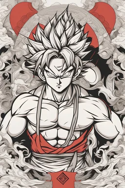 Create a captivating modern 2d lineart black and red ink tattoo design for print , prestigious Goku using the elegant influences of japan art style, for print, dynamic elements from fashion and design, and bold Japanese contemporary art aesthetics, framing centered in the center, distanced from the edges of the paper perimeter, perfect anatomy, bauhaus, Divine Proportion,