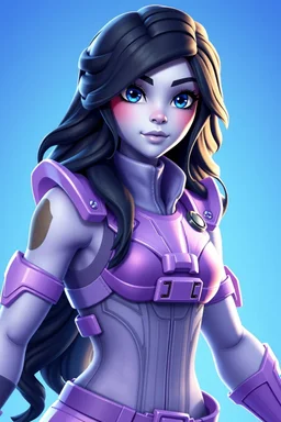 Fabulous; Beautiful; stunning; Blue eyes, long wavy black hair, porcelain skin character in fortnite (fortnite video game), (vivid), ((fortnite cartoon character)), fortnite animation, fortnite skin, (tilted towers fortnite map), full body shot, bright and dynamic coloring, (fortnite epic games), lavender body armor