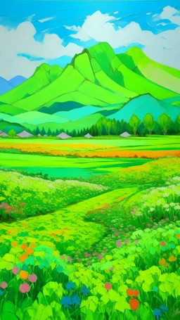 A lime green field filled with flowers near mountains painted by Zosan