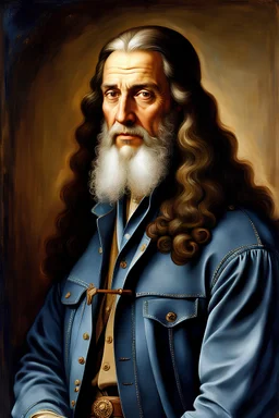 Maximalist photography of Leonardo Da Vinci today, dressed in an ultra warm jean shirt and jacket, incredible work of art