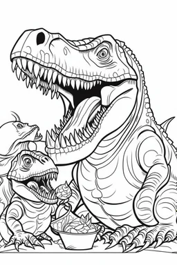 A coloring page, white background T-Rex regurgitating food for its hungry offspring, with the babies eagerly feeding from their parent's mouth. ink drawing clipart, simple line illustrations, colored