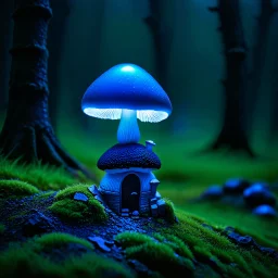 "Close up of a wonderful tiny Mushroom Tower home. blue and indigo with bright white, deep black and contrasting tones of gray. Illuminated bioluminescent forest. Professional painter, master at composition. small but detailed. broken, blurred background, voluminous lighting"