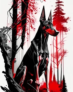 Doberman dog sitting, front view, full body, ink lineart red white black pointy ears trees