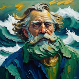 impasto oil painting of an old mariner, thick sculptural brushstrokes, swirling textures, golden beard flowing into stormy ocean, expressive portrait style, vivid ocean blues and greens, emotional and textured, expressionist painting --v 7 --style raw --ar 4:5 --q 2