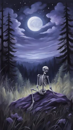 A sketchy oil painting from behind a skeleton sitting in the grass on the top of a hill, lookin into the night sky. A Forrest in the background. Painting. Purple colours. Blue colours. Night. Melancholic mood. Colorful.Pastel colours. Masterpiece.