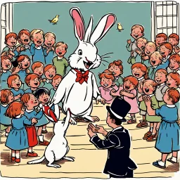 A magician stands in front of a group of children who sit in front of him on a mat on the floor and pulls out a rabbit from a top hat, the children look open-mouthed and wide-eyed and clap their hands, in the background a parrot stands on a pole and observes what is happening