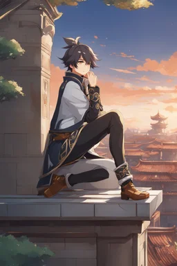 Xiao from Genshin Impact, highly detailed, intricate background, sitting on rooftop, contemplative