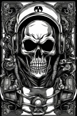 Stickers design Skull biker, black and white, drawing style, sketch style,illustration, portrait, vector style, comic style