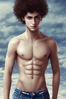 beautiful 12 year old arabic boy with curly hair and light blue eyes, shirtless