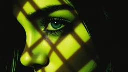 Primer plano de una mirada femenina fragmentada por sombras geométricas, paleta de colores verde lima y negro, estilo de cartel de serigrafía, textura de papel antiguo, alto impacto visual.