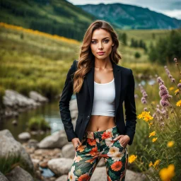 portrate shot of young-beautiful-girl-with-a-perfect-face-with-make-up-wearing- sport pants and jacket standing ,geen hills ,nice nature environment ,wild flowers,clean water river with colorfull rocks in floor