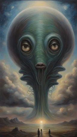 oil painting, Believing the strangest things, loving the alien And your prayers they break the sky in two