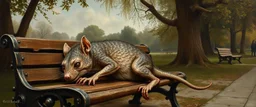 master oil painting by Rembrandt, fat old rat gremlin dragon sleeping on a bench in the park