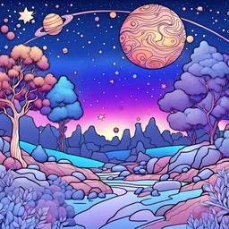 Colourful, peaceful, night sky filled with planets and stars, trees, rocks, flowers, one-line drawing, sharp focus, 8k, 3d, intricate, ornate