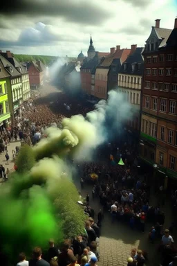 germany after weed legalization, german city, dust from smoking weed, happy stoned people
