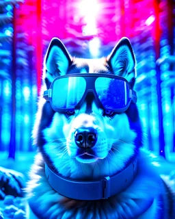 Siberian Husky with futuristic science fiction glasses, forest background with snow, contrasting colors, 8k artwork