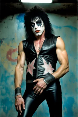 text 'KISS' - head and shoulders portrait, KISS - muscular 20-year-old Paul Stanley, Black star on right eye, Chest and stomach hair, rose tattoo on right shoulder, black spandex and leather, 8-inch high platform boots, - a multicolored cement wall in the background,