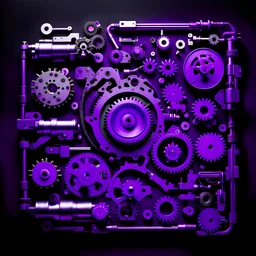 mechanical parts, purple lighting, black background