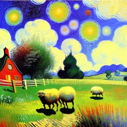 Dibujo al oleo de una pradera con una casa y unas ovejas con muchas nubes de colores estilo Vincent van Gogh