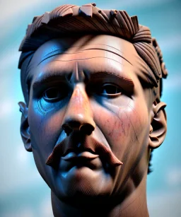 Gran angular, Realistic image, roman sculpture, marble material, Lionel Messi, Laurel wreath model, miguel angel style, emperador, God light, god rays, 4k resolution, real details, ornate details, soft lighting, unreal engine 5, soft cyan background.