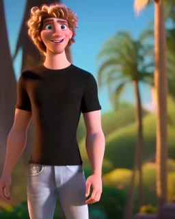 A skinny and relatively tall guy with wild curly blond hair, smiling with teeth and wearing black skinny jeans and a t-shirt