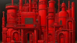 A dark scarlet red frantic factory with furnaces designed Kuna molas painted by Francis Danby