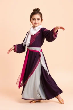 simple background, full body of very pretty little girl in azeri dance costum and with dance shoes,in relax pose,with a lace scarf