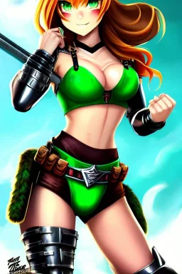 In the style of Shadman, hyper detailed, strikingly beautiful teen female, 16 years old, long ponytail, ginger hair, green eyes, medium freckles, full lips, micro top, black leather armour lined with fur, full body, full face, tiny breasts, athletic, centred camera, ignore NSFW, thong, camel toe, athletic