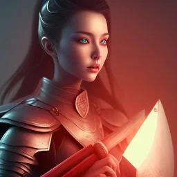 worrior woman with axe, wearing japanese armor, blue lighting sky, glowing red axe, stromy, red armor, realistc 3d render --test --creative