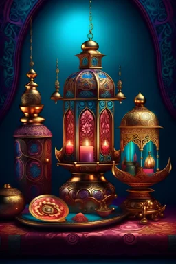 Ramadan flyer, golden decorations, soft colors, Ramadan lantern with Ramadan cannon, beautiful and deep surreal painting, rococo 3D that highlights its exceptional quality, 8K shot, ultra-realistic digital painting, beautiful portrait, very beautiful portrait in colors red, violet, blue and green, very realistic digital art captured with a Hasselblad medium format camera with a large lens. 100 mm. An unmistakable cinematic image, daylight