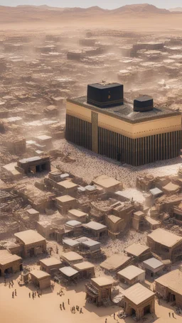 A picture of the Kaaba surrounded by small houses, desert, and people working in trade