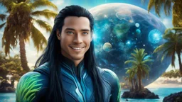 beautiful gorgeous young man na'vi with long hair, Avatar, blue skin, two small ears, green eyes, black hair, in cosmic suit, galactic ambiance, medium pointy goatee , smiling, with spaceship and planets and palm trees and clear crystaline cosmic beach in background