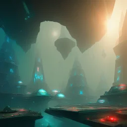 sci-fi city underwater with pyramids and ancient writings, mood is gloomy, colors include blue and red and green, shafts of lighting, mist, , photorealistic, , volumetric light, cinematic