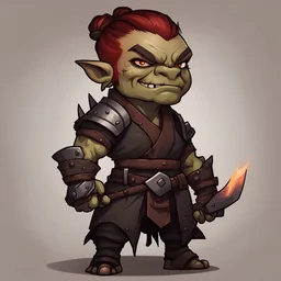 Abimfash Orc with dark red hair in a bun and wearing blacksmiths outfit of tan light tan and brown in a forge, in chibi art style