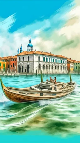 Dolphin jumping high over a tourist boat in the city of Venice painting style